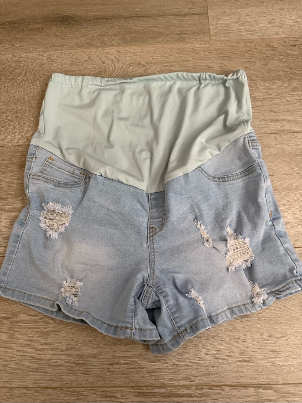 SHEIN Light Wash Distressed Denim Maternity Shorts